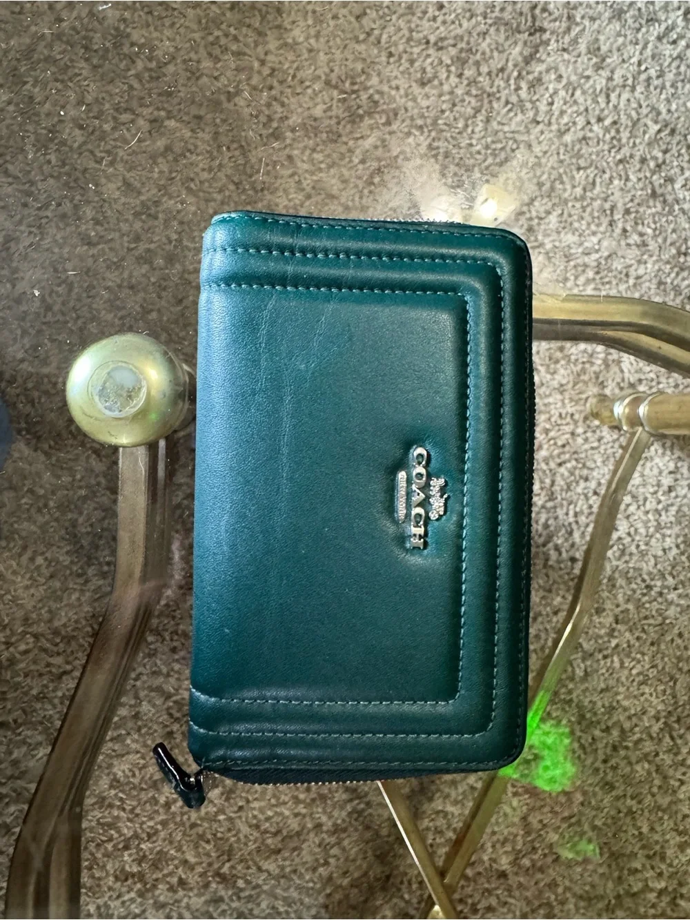 Coach Teal Green Leather Zip Card Wallet